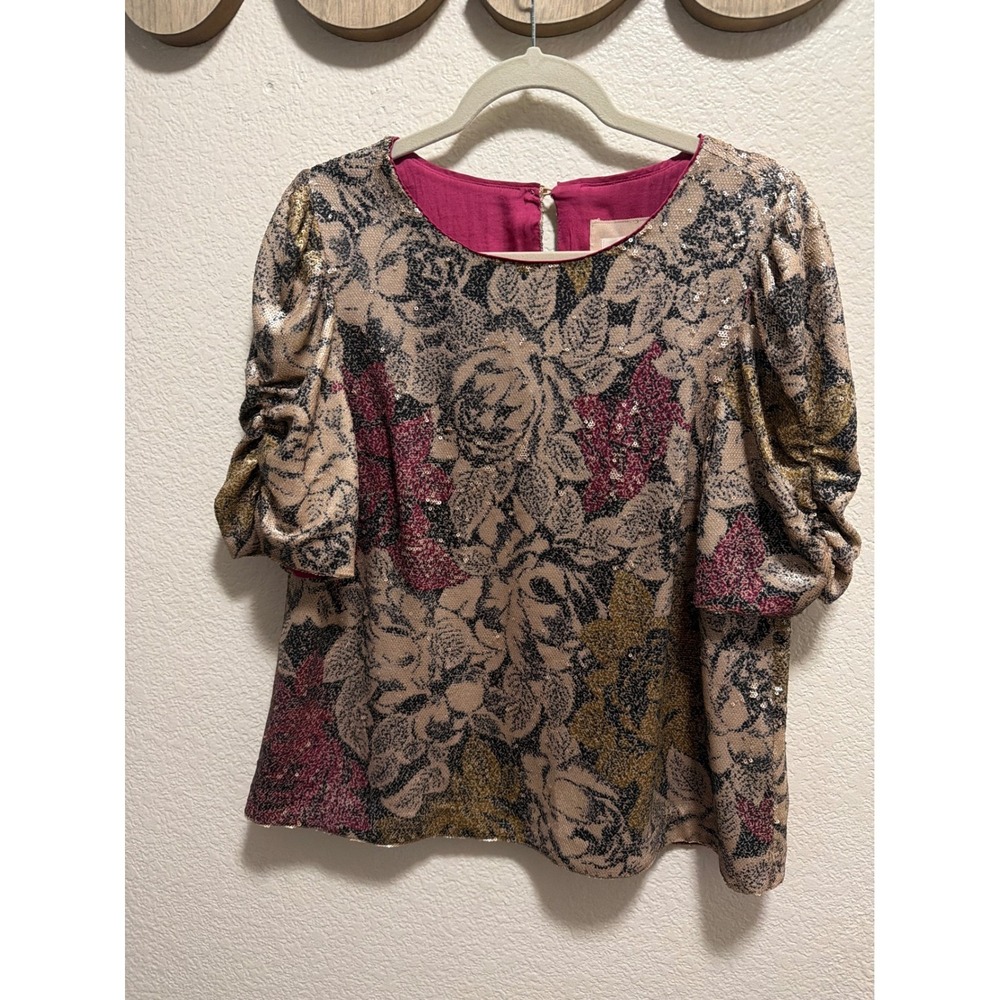 Anthropologie Sequin Blouse Tan and Black with Magenta inside Size 12